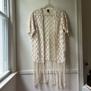 100% Cotton Crochet Duster Ivory Cardigan Short Sleeve Fringe Jacket